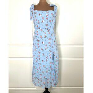 Light Blue Floral Tie Shoulder Slit Midi Dress - NEW